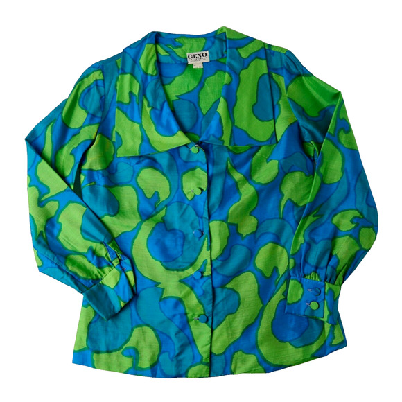 Geno Tops - VTG 60s Psychedelic Blouse M Mod Abstract Art Top Statement Retro Groovy Stains